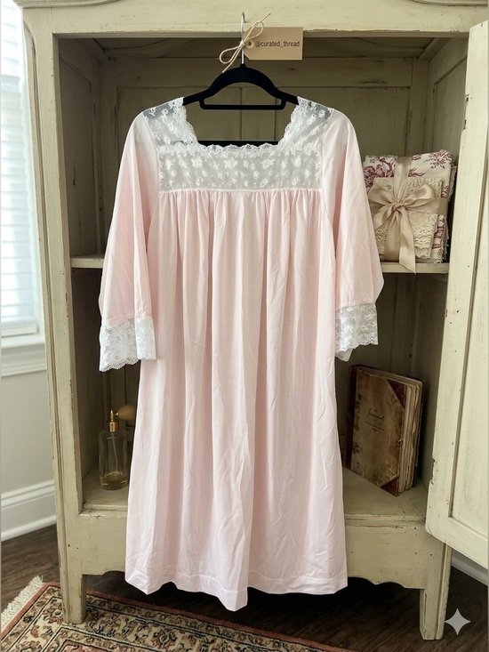 Lord & Taylor Other - Vintage Lord & Taylor Nightgown Pink & white Stain Sheer white lace trim medium